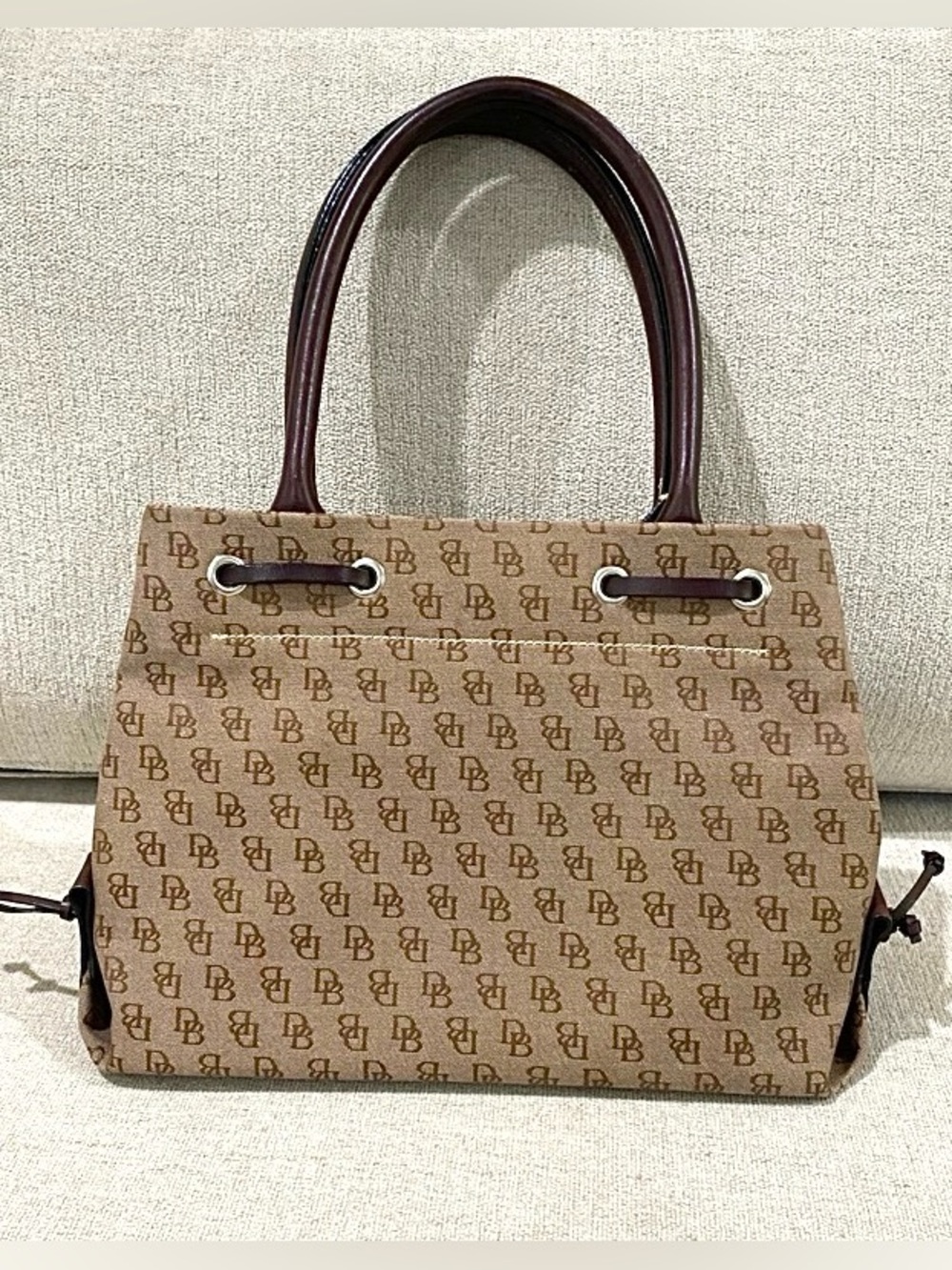 DOONEY &  BOURKE USED 2x Monogram Brown Canvas Mini Tassel Tote  11x8x4 - Picture 2 of 9